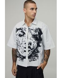 BoohooMAN - Oversized Boxy Half Sleeve Face Embroidered Stripe Shirt - Lyst