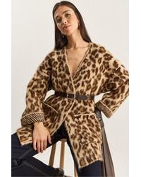 Bianco Lucci - Oversized Long Cardigan With Leopard Print And Pockets - Lyst