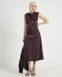 River Island - Midi Dress Hammered Faux Leather Cowl Neck Pu - Lyst