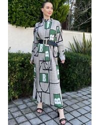 Msn-Collection - Geometric Print Belted Maxi Dress With Mandarin Collar - Lyst