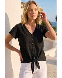 Roman - V-Neck Broderie Stretch Jersey Tie Front Top - Lyst