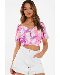 Quiz - Satin Marble Print Lace Up Crop Top - Lyst