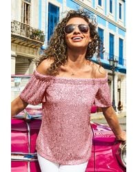 Sosandar - Sequin Bardot Short Sleeve Top - Lyst