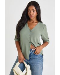 Boohoo - Hammered Puff Sleeve Button Front Blouse - Lyst