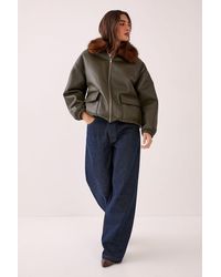 Nasty Gal - Pu Oversized Faux Fur Collar Bomber Jacket - Lyst