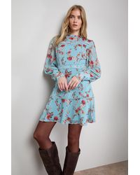 Oasis - Printed Lace Trim Long Sleeve Flippy Mini Dress - Lyst