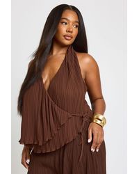 Boohoo - Plus Plisse Halter Neck Wrap Over Tie Top - Lyst