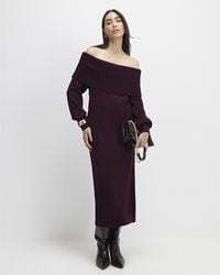 River Island - Bardot Midi Dress Knit Long Sleeve - Lyst