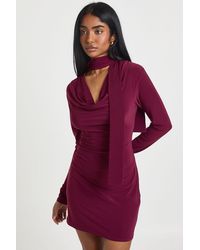 Boohoo - Slinky Plunge Front Scarf Detail Long Sleeve Mini Dress - Lyst