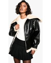 Boohoo - Tall Faux Fur Collar Leather Jacket - Lyst