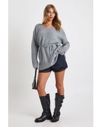 Boohoo - Tie Waist Detail Slouchy V Neck Sweater - Lyst