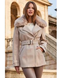 Sosandar - Natural Longline Biker Jacket With Faux Fur Collar - Lyst
