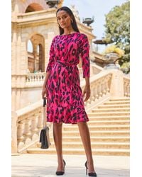 Sosandar - Animal Print Jersey Ruffle Hem Belted Dress Denim - Lyst