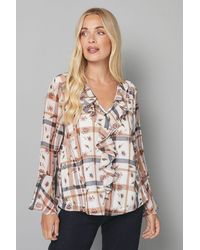 Wallis - Petite Check Floral Print Ruffle Detail Blouse - Lyst