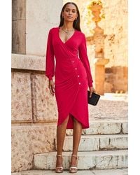 Sosandar - Wrap Front Button Detail Jersey Dress - Lyst