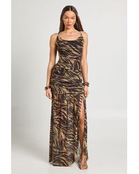 Boohoo - Zebra Printed Mesh Cross Back Detail Flare Hem Maxi Dress - Lyst