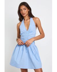 Boohoo - Tall Cotton Poplin Halterneck Front Gathered Seam Skater Mini Dress - Lyst