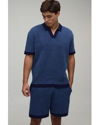 BoohooMAN - Relaxed V Neck Ribbed Polo And Short Knitted Set - Lyst