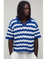 BoohooMAN - Oversized Boxy Wavy Open Stitch Knitted Polo - Lyst