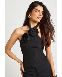 Boohoo - Crepe Twist Rose Detail Halterneck Top - Lyst
