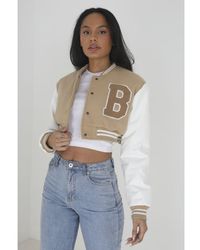 Brave Soul - Stone Faux Wool 'lucy' Cropped Varsity Bomber Jacket - Lyst