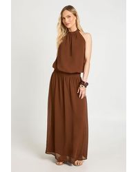 Boohoo - Petite Chiffon Ruched Drop Waist Halter Neck Maxi Dress - Lyst