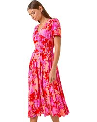 Roman - Shadow Floral Print Shirred Midi Dress - Lyst