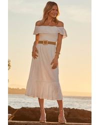Sosandar - Broderie Anglaise Detail Bardot Dress With Belt - Lyst