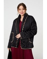 Izabel London - Animal Print Trim Open Front Padded Coat - Lyst