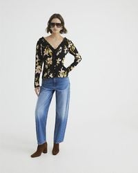 River Island - Top Long Sleeve Floral Lace Trim Viscose - Lyst