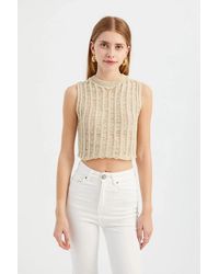 Hiccup - Openwork Crew Neck Knitted Cropped Blouse - Lyst