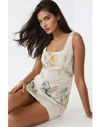 Hiccup - Square Neck Flower Pattern Linen Feel Mini Dress - Lyst