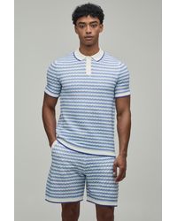 BoohooMAN - Regular Open Stitch Striped Knitted Polo And Short Set - Lyst