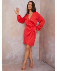 Chi Chi London - Long Sleeve Satin Wrap Mini Dress - Lyst