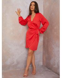 Chi Chi London - Long Sleeve Satin Wrap Mini Dress - Lyst