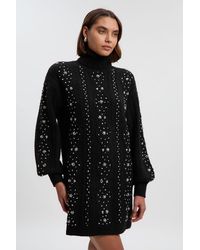 Karen Millen - Wool Blend Embellished Cable Knit Jumper Mini Dress - Lyst