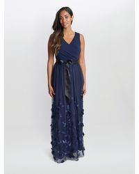 Gina Bacconi - Olyssia Long Sleeveless Dress With Surplice Neckline 3D Floral Skirt - Lyst