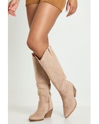 Boohoo - Faux Suede Embroidered Knee High Western Boots - Lyst