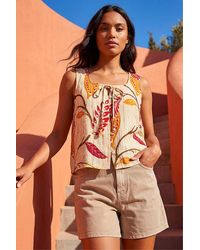 Roman - Leaf Print Textured Tie Front Blouse - Lyst