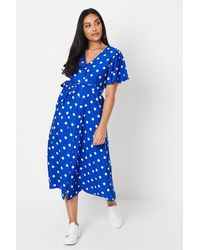 Wallis - Petite Spot Viscose Blend Belted Button Midi Tea Dress - Lyst