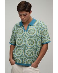 BoohooMAN - Oversized Boxy Crochet Cotton Blend Knitted Polo - Lyst