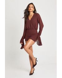 Boohoo - Chiffon Wrap Flare Sleeve Ruched Mini Dress - Lyst