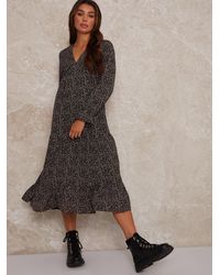Chi Chi London - Long Sleeve V Neck Animal Print Maxi Dress - Lyst