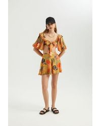 Hiccup - Sweetheart Neck Tie Front Puff Sleeves Crop Top - Lyst