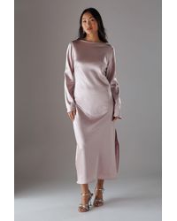 Warehouse - Petite Crinkle Satin Bias Tie Sleeve Midi Dress - Lyst
