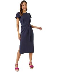 Roman - Ruffle Sleeve Belted Cotton Midi Dress - Lyst