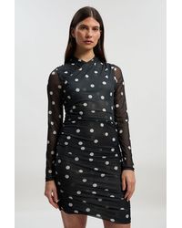 Karen Millen - Polka Dot Mesh Ruched Long Sleeve Mini Dress - Lyst