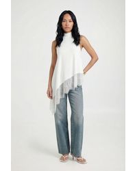 Boohoo - Slinky High Neck Lace Asym Hem Top - Lyst