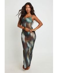 Boohoo - Abstract Print Sheer Mesh Cowl Neck Low Back Maxi Beach Dress - Lyst