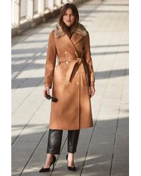 Sosandar - Camel Longline Faux Wool Trench Coat With Fur Collar - Lyst